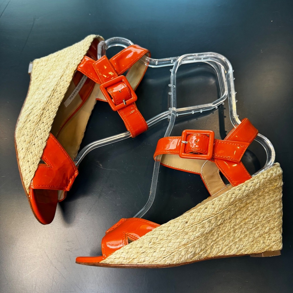 Diane von Furstenberg Women 9 M Orange Patent Leather Espadrille Wedge Sandals